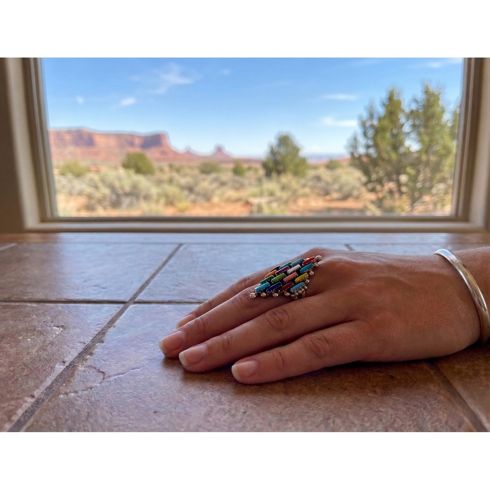 Navajo Turquoise Cluster Ring - Signed S Shorty Sz 7.25US Handmade Native ** - Picture 4 of 8